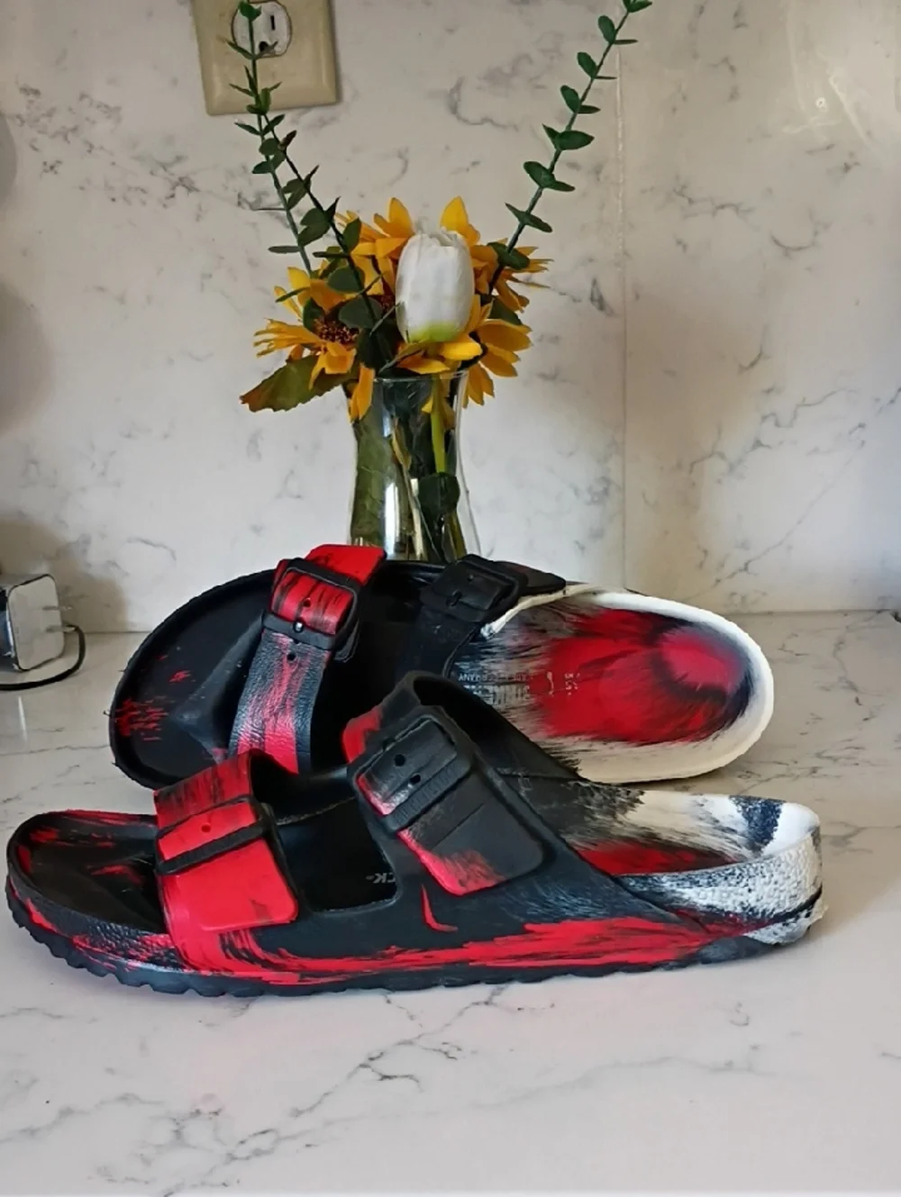 Birkenstock Black and Red Painted Slide Sandals - Picture 1 of 7